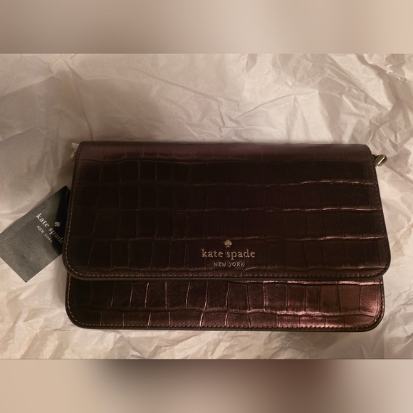 Kate Spade Madison Bag And Card Holder In Metallic Croc Hot Fudge - Picture 10 of 16